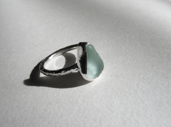 Seafoam tear drop silver ring Size M